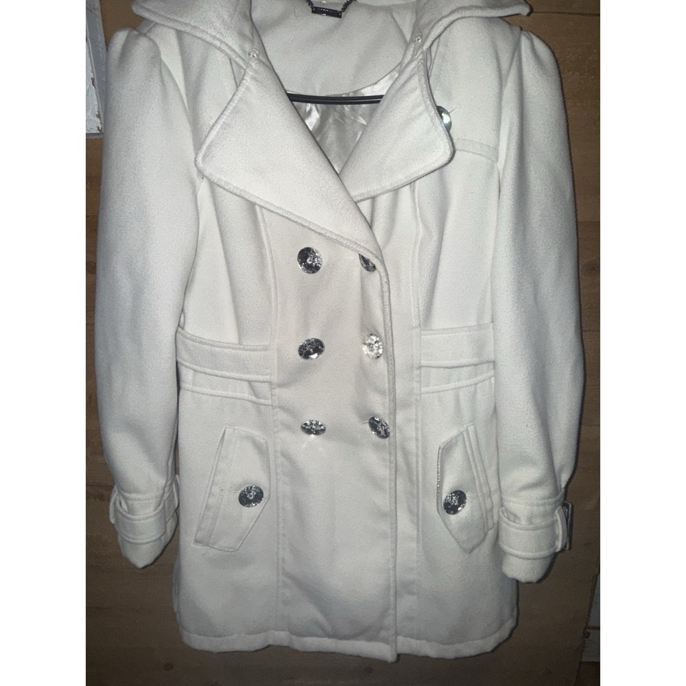 Worthington Women's White Solid Hooded Pea Coat M Mid-Length Button Pockets Belt